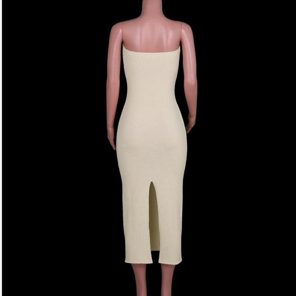 Sexy Twist Knot strapless Ribbed Knit tan dress with back split Sz Medium - Picture 5 of 6